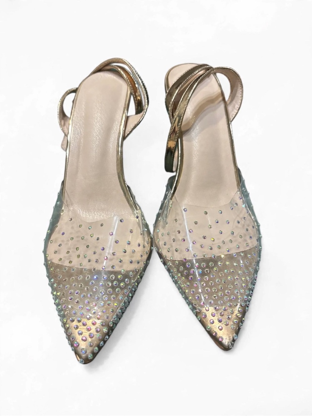 Gold Clear Rhinestone Pointed Toe Stiletto Heels - Size 11 US